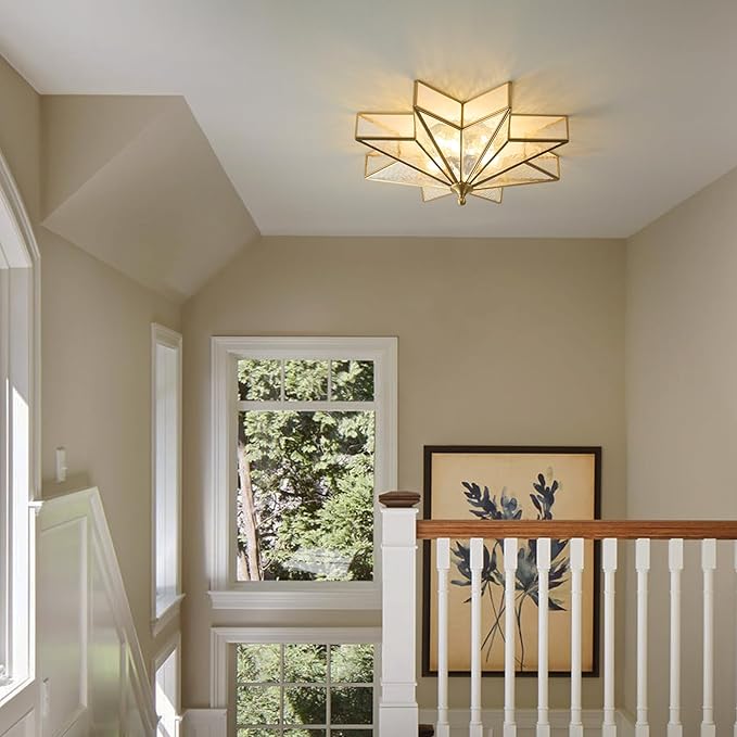 Star Brass Glass Ceiling Light - 19.5 In Gold Hammered Large Flush Mount Fixture - Art Deco Mid Century Vintage Modern Moravian Lighting Lights for Bedroom Dining Entryway Foyer Living Room