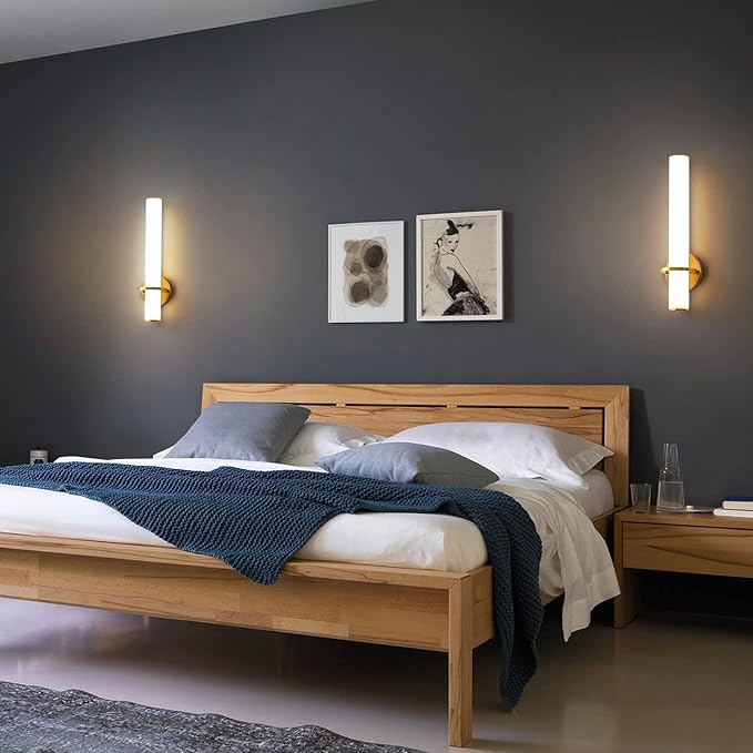 AIJIASI Gold Bathroom Wall Sconces Set of 2: 18 Inch Modern Sconces Wall Lighting 18W LED Dimmable Wall Light with Acrylic Lampshade, Brushed Gold Sconces for Bedroom Living Room Hallway (Hardwired)