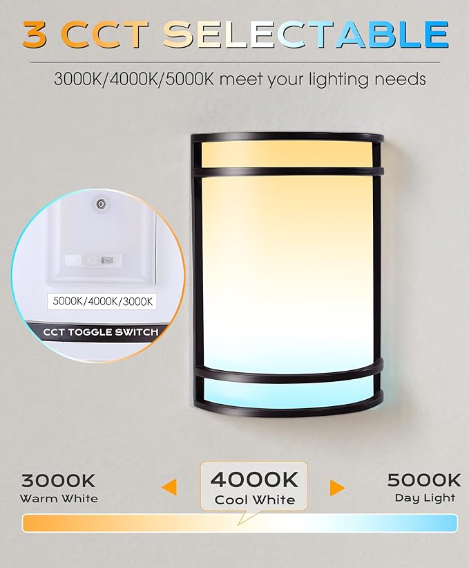 CLOUDY BAY LED 3 Color Wall Sconce,Wall Lighting,3000K/4000K/5000K Color Temperature Adjustable Wall Mount Light Fixture,15W 120V Dimmable CRI 90+ LED Wall Light,Black