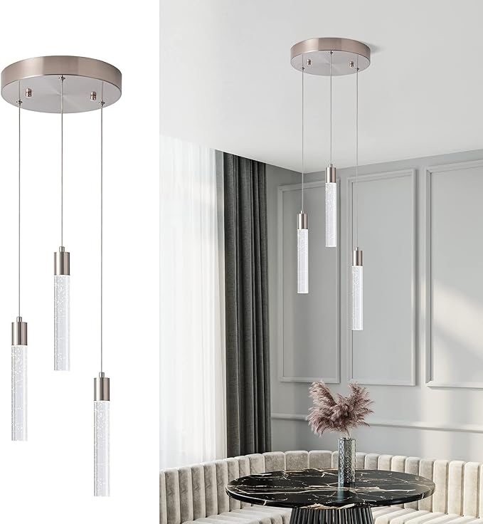 Modern Pendant 3 Light with Adjustable Height - Brushed Nickel & Clear Glass Cylinder Island Lights, 3000-6000K Dimmable Kitchen Pendant Lighting for Kitchen Island, Dining Room, Bar Counter