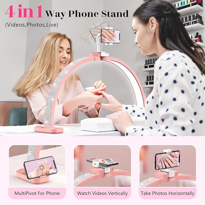 Half Moon Light for Nail Tech: 31 inch Lash LED Lamp with Phone Holder - 48W Foldable Arch Lights for Eyelash Tech - Manicure Handicraft Lighting for Spa,Salon
