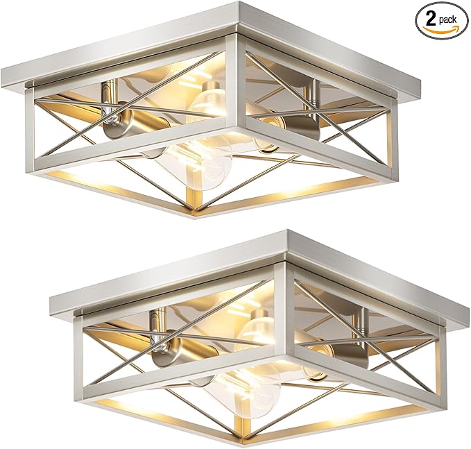 Brushed Nickle Hallway Light Fixtures, 2-Light Modern Farmhouse Flush Mount Ceiling Lights, 2-Pack Chrome Kitchen Light Fixtures, Square Close to Ceiling Lights for Bedroom Living Room Entryway