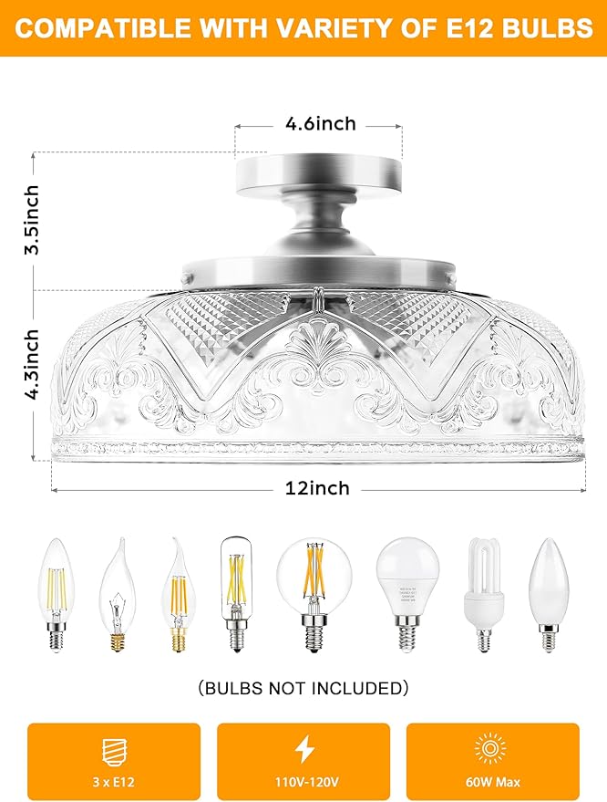 Semi Flush Mount Ceiling Light, 12 Inch Large Silver Ceiling Light Fixture, 3-Light Globe Glass Farmhouse Kitchen Lighting Fixtures for Bathroom, Hallway, Dining Room (Bulb Not Included)
