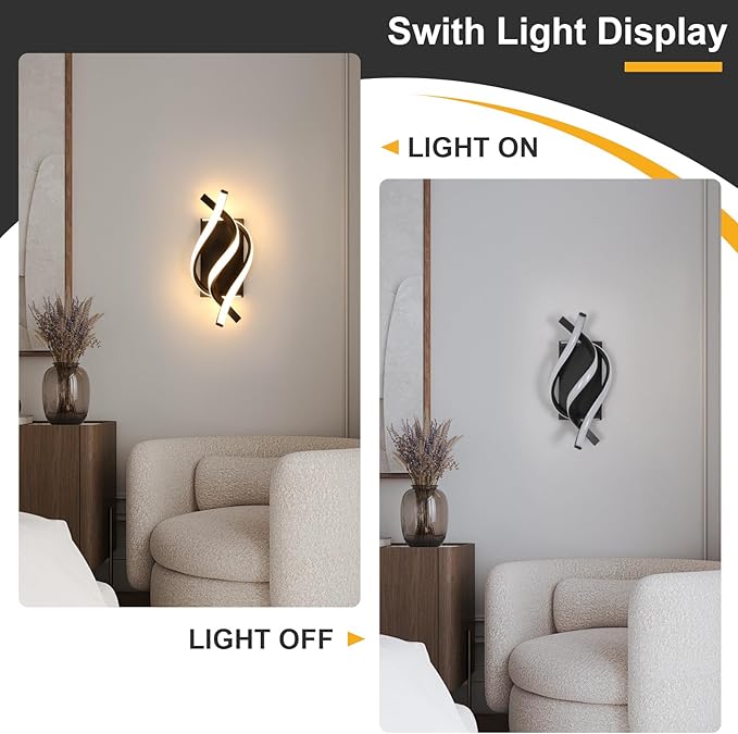 DELIPOP Wall Sconces, Spiral Modern LED Wall Sconce Lighting, 21W 3000K Warm Light Indoor Wall Light Fixtures, Acrylic LED Wall Lamp for Bedroom Bathroom Living Room Hallway Balcony (Black)