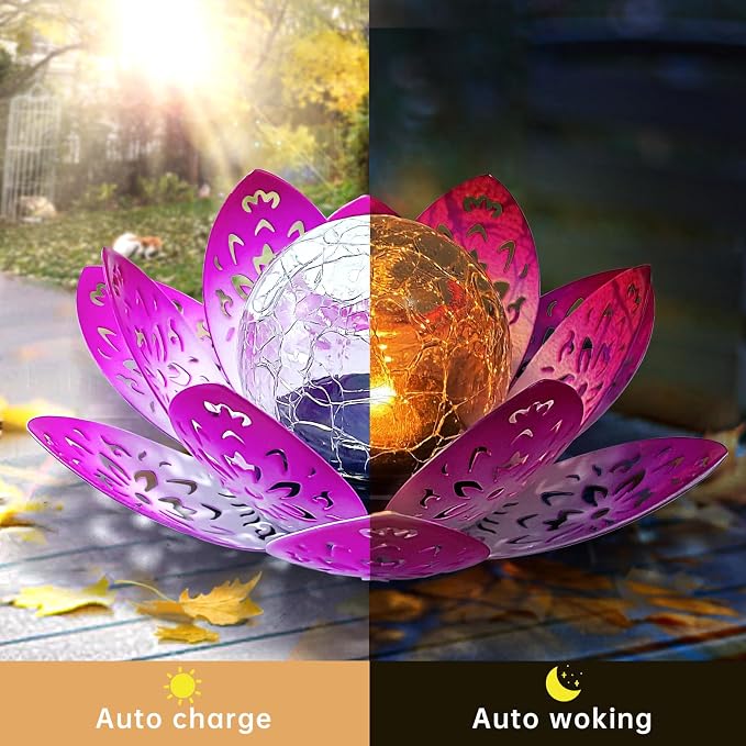 2 Pack Solar Garden Decor Lights Outdoor, Decorative Lotus Flower Solar Lights with Crackle Glass Globe, Waterproof Metal Solar Lights for Patio Yard Lawn Walkway Garden Decor