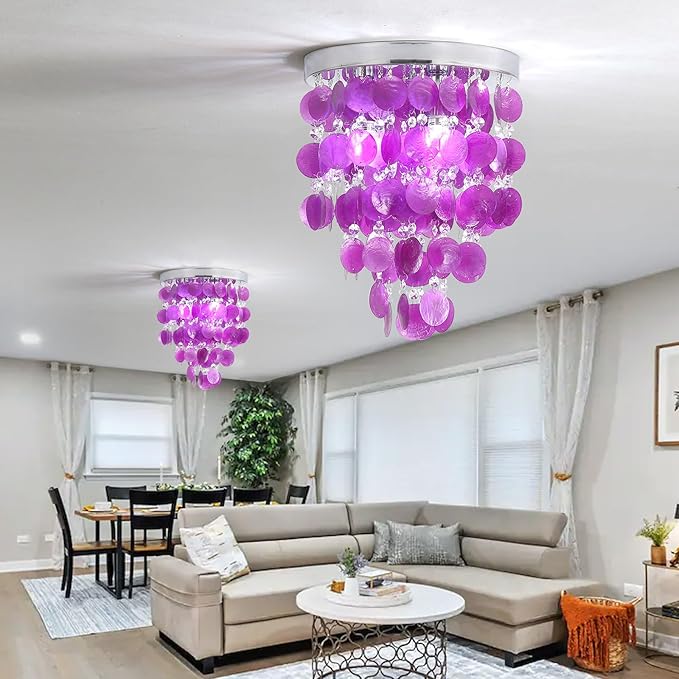 Modern Chandelier Crystal Shell,Semi Flush Mount Purple Girl Chandelier, LED Ceiling Light Fixture Bedroom Bathroom Closet Nursery 3 Lights