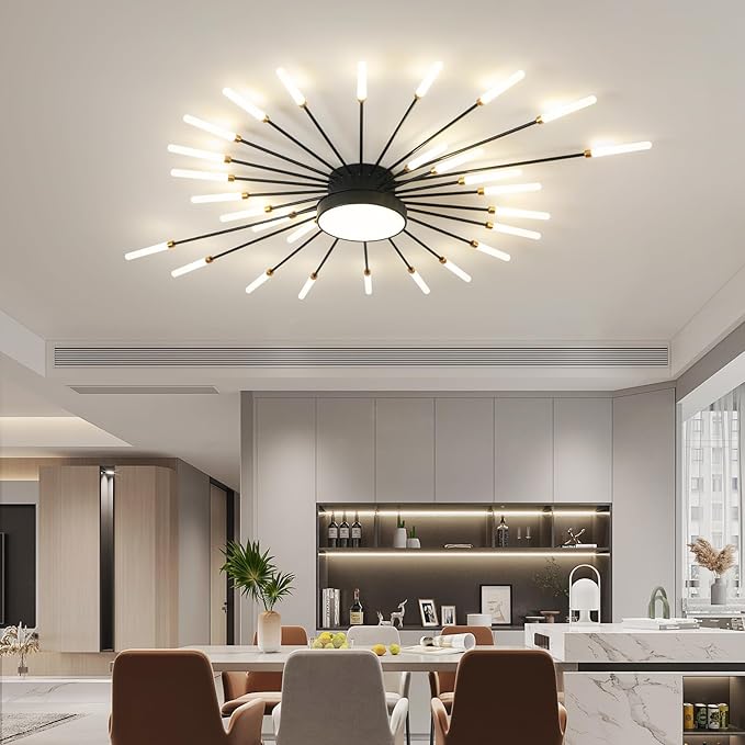 ziidoo Modern Ceiling Light, 28+1 Lights Metal Firework Designed Chic Led Lighting Fixture for Farmhouse Kitchen Dining Room Bedroom Hallway Living Room (Black)