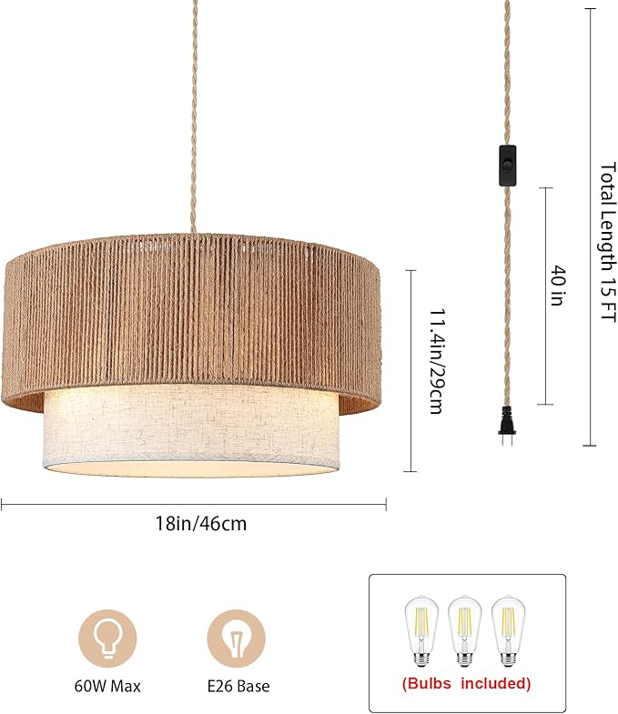 Plug in Pendant Light, 18" Rattan Plug in Chandelier with Linen Fabric Shade, E26 On/Off Switch, Plug in Hanging Pendant Light for Dining Room Living Room Kitchen Foyer