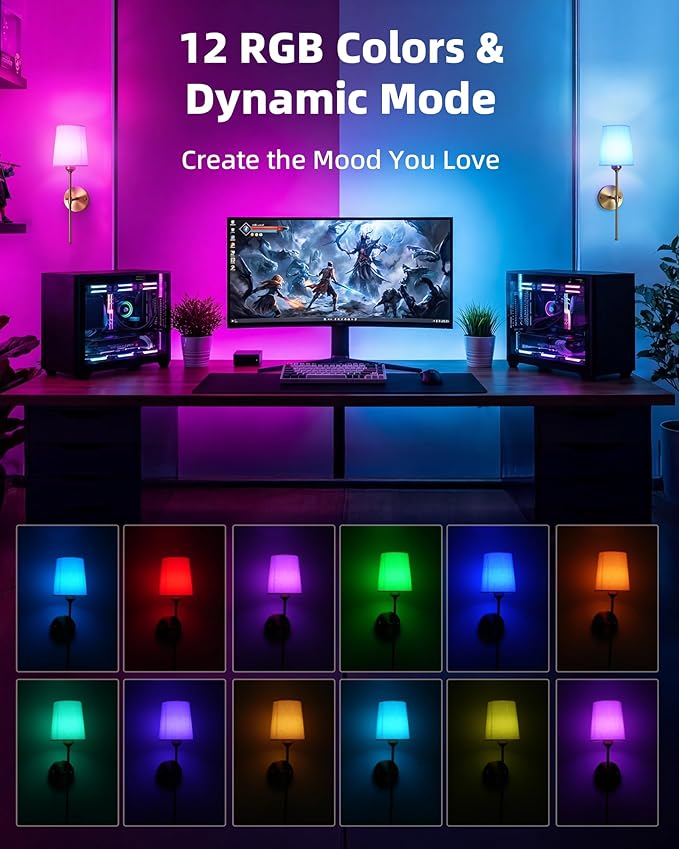 Rechargeable Wall Lights, Battery Operated Wall Sconce Set of 2, 7500mAh, Dimmable, Remote Control, Timer, Magnetic Bulb, 3 Color Temps, RGB, Wireless Wall Lamps, for Bedroom Living Room Hallway Decor