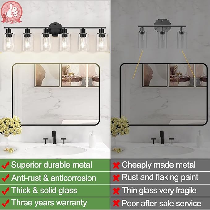 Zarbitta 6-Light Bathroom Light Fixtures, Black Modern Vanity Lights with Clear Glass Shade, Bathroom Wall Lamp for Mirror Kitchen Living Room Hallway Cabinet Porch