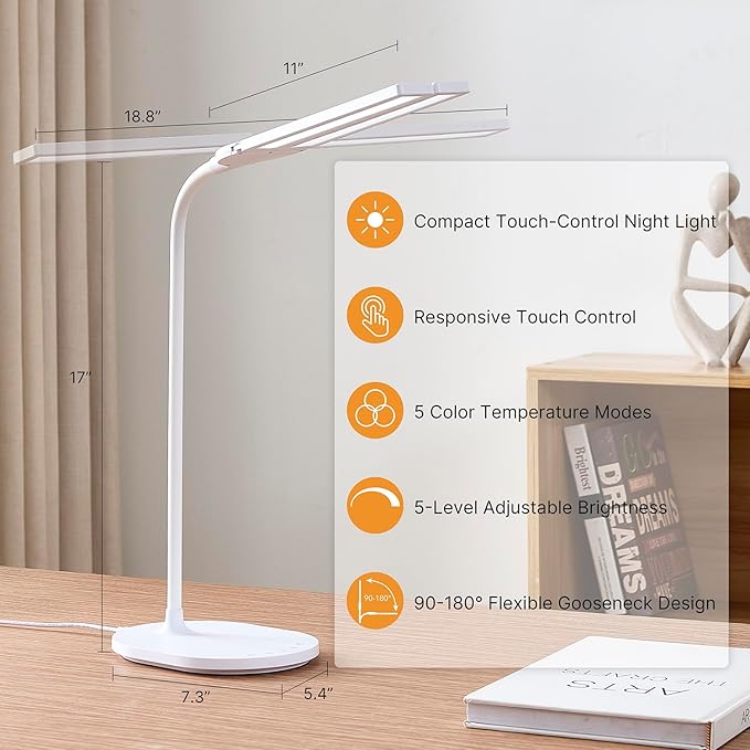 LED Desk Lamp for Home Office, Ultra-Wide Double Head Desk Light with 90° Flexible Gooseneck, Eye-Caring Low Blue Light, 5 Color Modes (2700K-6500K) & 5 Brightness Levels, Touch Control