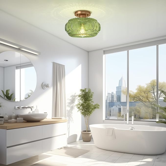 Semi Flush Mount Ceiling Light, Upgraded Larger Green Glass Ceiling Light Fixture, Vintage Lighting for Hallway Kitchen Bedroom Dining Room, Bulb Not Included