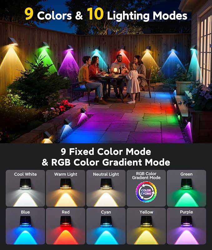 KOOPER Solar Fence Lights Outdoor Waterproof 2 Pack, Solar Fence Lights with Ultra-Bright LED Lens, 10 Modes & 9 Colors Outdoor Solar Lights for Fence, Backyard, Railing, Patio, Wall, Step, Deck