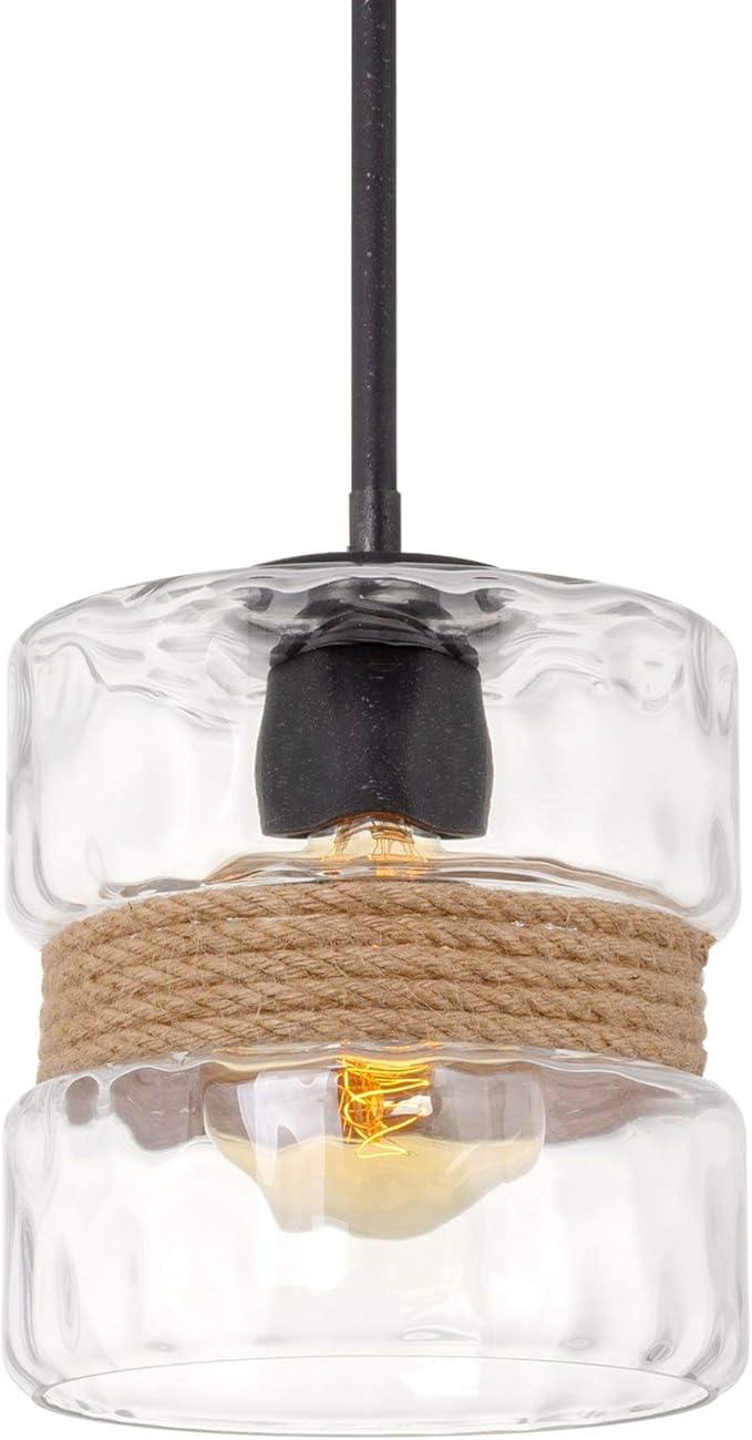 Kira Home Sage 10" Farmhouse Hammered Glass Pendant Light with Natural Rope Accent, Industrial Cylinder Glass Shade Hanging Light, Textured Black Finish