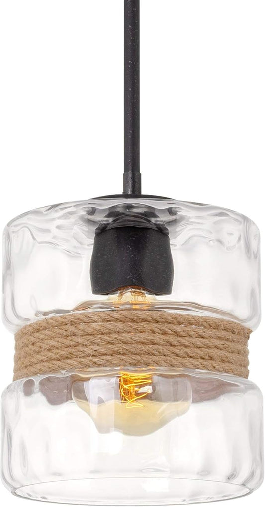 Kira Home Sage 10" Farmhouse Hammered Glass Pendant Light with Natural Rope Accent, Industrial Cylinder Glass Shade Hanging Light, Textured Black Finish