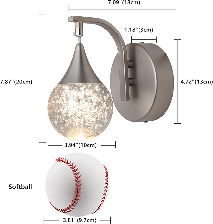 Sedelan LED Crystal Bubble Wall Sconce, 5W Dimmable Modern Wall Light Fixture, 3300K Warm White Indoor Lighting for Bedroom Bedside Living Room Bathroom Hallway, Sand Nickel