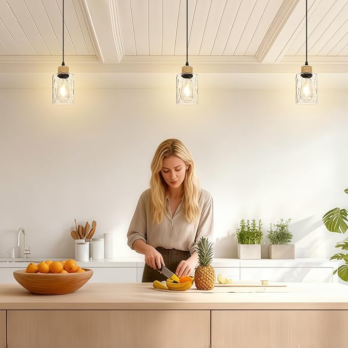 3 Pack Farmhouse Water Ripple Glass Pendant Lights for Kitchen Island, Black Kitchen Pendant Lighting, E26 Hanging Light Fixture for Dining Room, Bedroom, 41" Adjustable Cord, Bulb Not Include