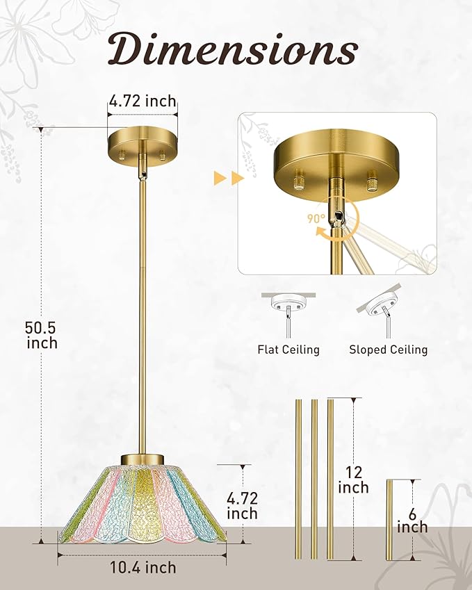 Gold Pendant Light, HWH 10.4-inch Hanging Light Fixture for Living Room, Dining Room, Bedroom, Pendant Lights Kitchen Island with Colored Floral Glass, Gold Finish, 5HJX110MIL BG-C