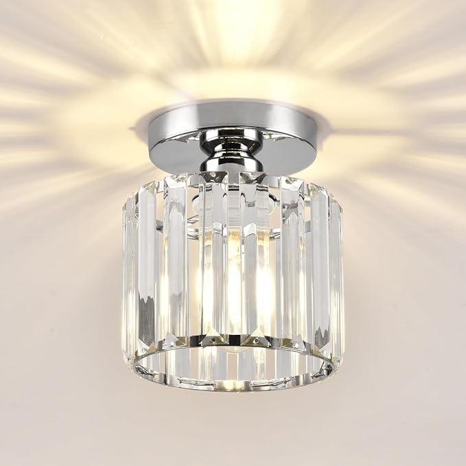 Semi Flush Mount Ceiling Light, Crystal Ceiling Light Silver Crystal Chandelier for Kitchen Hallway Entrance Balcony Dining Rooms Living Rooms Bar