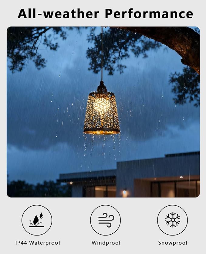 Battery Operated Chandelier with Remote, IP44 Waterproof Outdoor Pendant Light, No Wiring Needed Gazebo Lights for Porch, Patio, Balcony, Pergola, Shed, Home Decor (Petal Pattern)