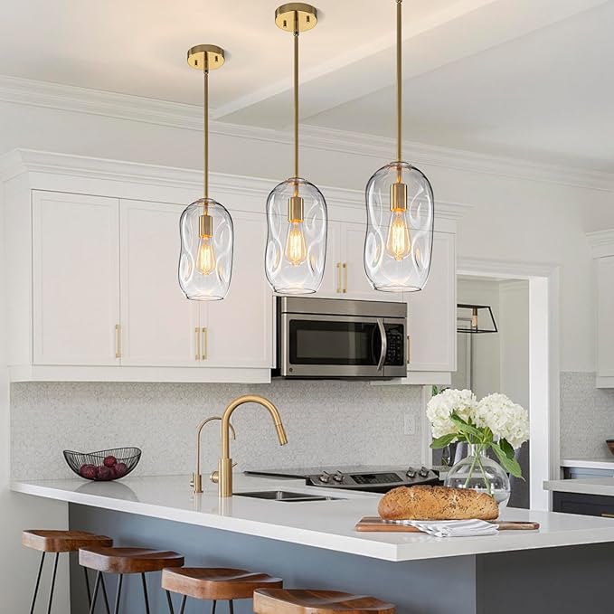 Kitchen Pendant Lighting Over Island 2 Pack,Glass Gold Pendant Light Fixtures Set of 2 Modern Vintage Hanging Lamp 1 Light with 11.4in Height Clear Thick Organic Glass Shade for Dining Table Bar,E26