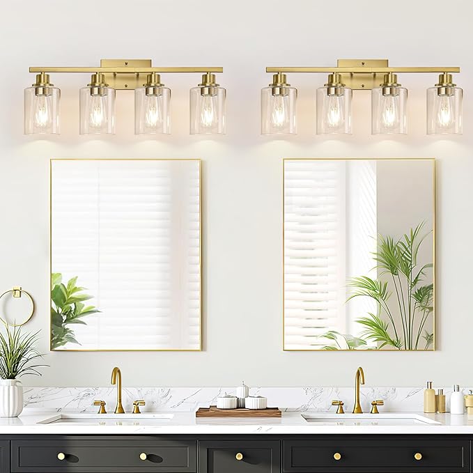MOKATNG 4-Light Bathroom Light Fixtures, Vanity Light with Clear Glass Shades, Brushed Gold Bathroom Light Fixtures Over Mirror, Modern Bathroom Wall Lamp for Mirror Living Room Cabinet Bedroom