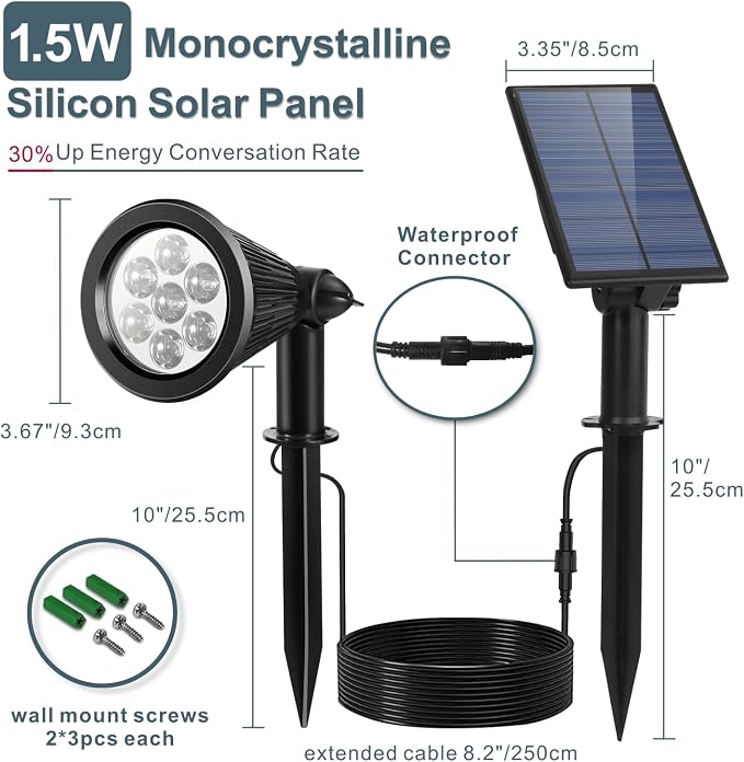 Solar Spotlight Outdoor, Bright 7-LED Flag Pole Spot Light with Separate Panel Waterproof, Dusk-to-Dawn Solar Uplight Flagpole Lights, Landscape Ground Wall Lighting for Garden, Pathway (Yellow, 2pcs)