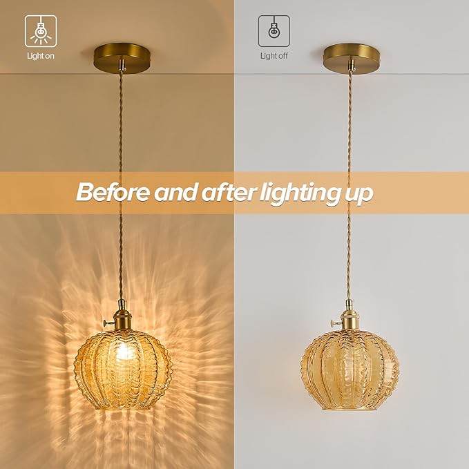 Amber Glass Pendant Light Fixtures,Vintage Antique Champagne Gold Pendant Lights Mid Century Modern Pendant Lights Suitable for Kitchen Island Dining Table Bedroom Bathroom and Above the Sink