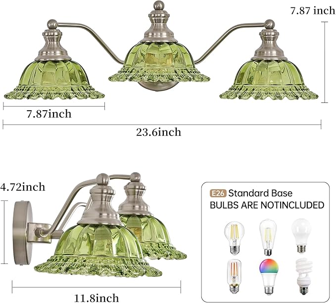 XIEDUN Brushed Nickel Green 3 Light Vanity Light Bathroom Light