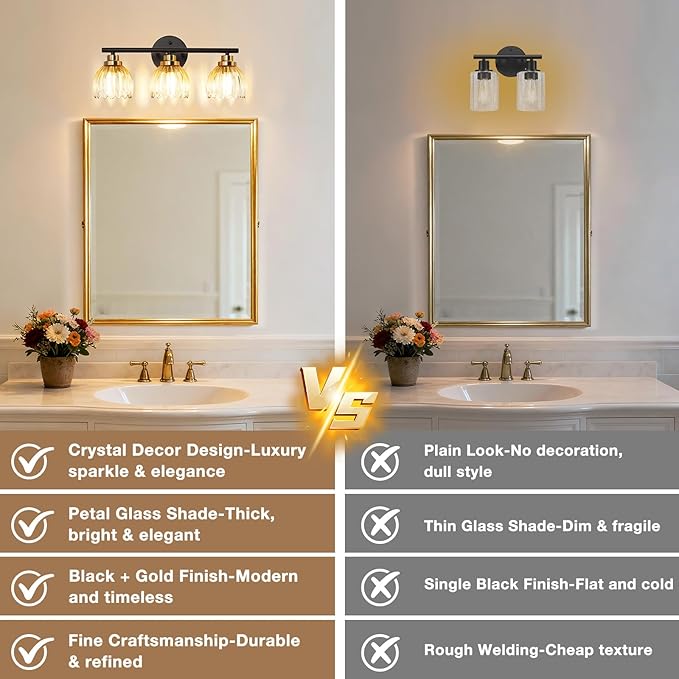 TALOYA Bathroom Vanity Light Fixtures, 3-Light Modern Black and Gold Wall Lights Over Mirror with Gradient Amber Tulip Glass Shades Bathroom Wall Lamp for Mirror, Living Room,Hallway, Farmhouse