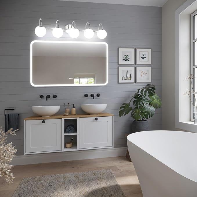 Chrome Mid Century Modern Bathroom Vanity Lights - 5-Light Wall Sconces with Frosted Milk Glass Globes
