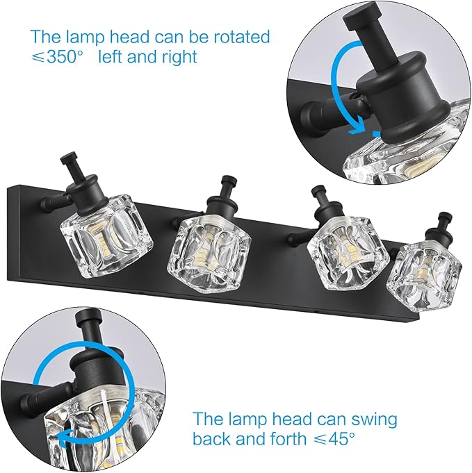 PRESDE Modern Crystal Vanity Light for Bathroom Light Fixtures Over Mirror Matte Black 4 Light Bathroom Lighting