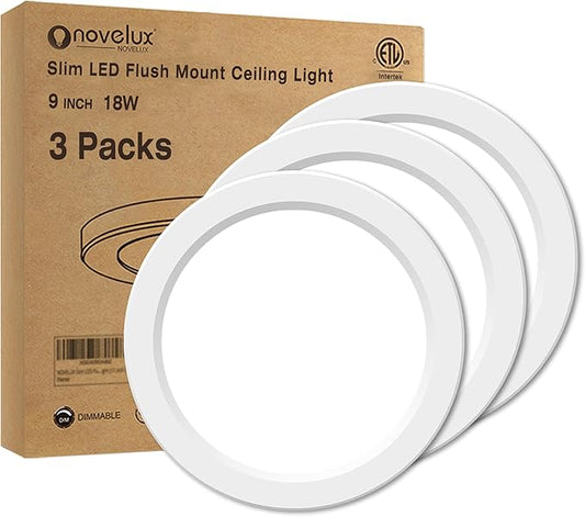 Flush Mount Ceiling Light Fixture - ETL Certified - 9 Inch Dimmable 5000K Daylight White LED, 0.63'' Ultra Thin Round Design for Bedroom, Bathroom, Kitchen, Hallway, Basement, Closet (3-Pack)‌