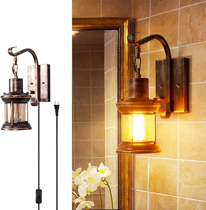 Yisuro Rustic Wall Light, 2-in-1 Antique Bronze Vintage Wall Light Fixture Plug in Industrial Glass Shade Lantern Lighting Retro Lamp Metal Wall Sconce for Home Bedroom Dining Room café(1 Pack)