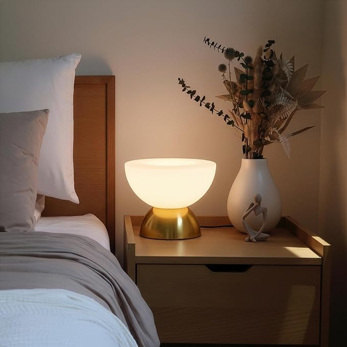 Brightech Lamina LED Table Lamp - Small 10 Inches Modern Bedroom Lamp - Bright Mini Reading Desk Lamp with Dimmable Warm Lighting for Bedside Table, Living Room, Office - Glass Lamp Shade, Gold/Brass