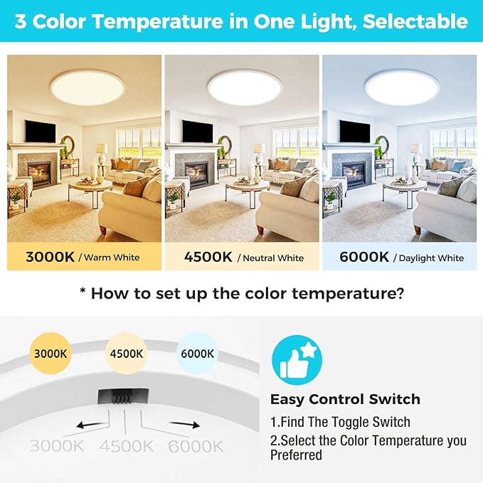 libtit 20 Inch LED Ceiling Light, 4200LM 35W Large & Bright Flush Mount Lighting Fixture, 3000K/4500K/6000K White Round Flat LED Ceiling Lamp for Bedroom Kitchen Livingroom Office