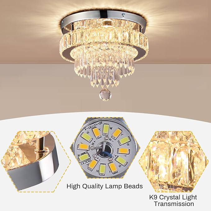 Crystal Chandeliers 11.8" Modern Crystal Light Fixtures LED Flush Mount Chandelier Ceiling Light Chandeliers for Bedrooms Living Room Dining Room Chrome (Warm White)