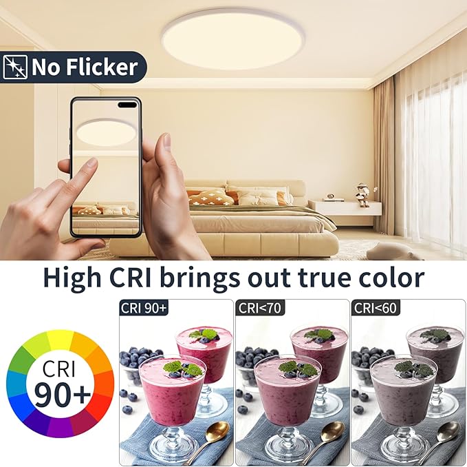 24 Inch Dimmable Ceiling Light Flush Mount 54W Remote Control LED Fixture 5400LM 3000K-6500K Adjustable Round Bright Lamp for Bedroom Kitchen Living Room Dining Bathroom White