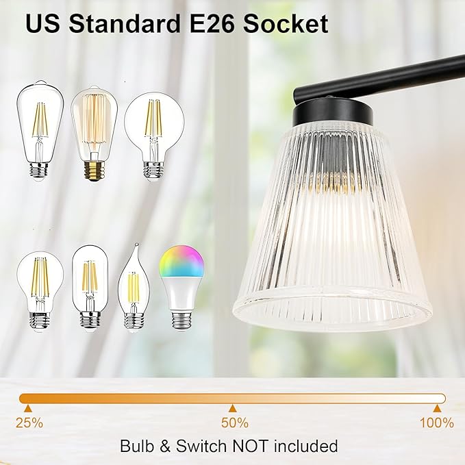 OCIOC Black Bathroom Vanity Lights, 3-Light Modern Bathroom Light Fixtures with Striped Glass Shade, Bathroom Wall Lamp over Mirror, for Living Room, Bedroom, Hallway,Cabinet Porch