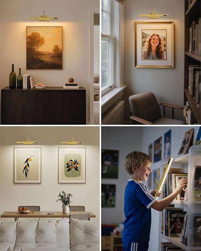 Bridika Picture Light Battery Operated, 13.8in Picture Lights for Wall, 3 Colors & Brightness Dimmable, Rechargeable Art Light for Paintings Photo Dartboard Gallery Bedroom Bathroom Gold