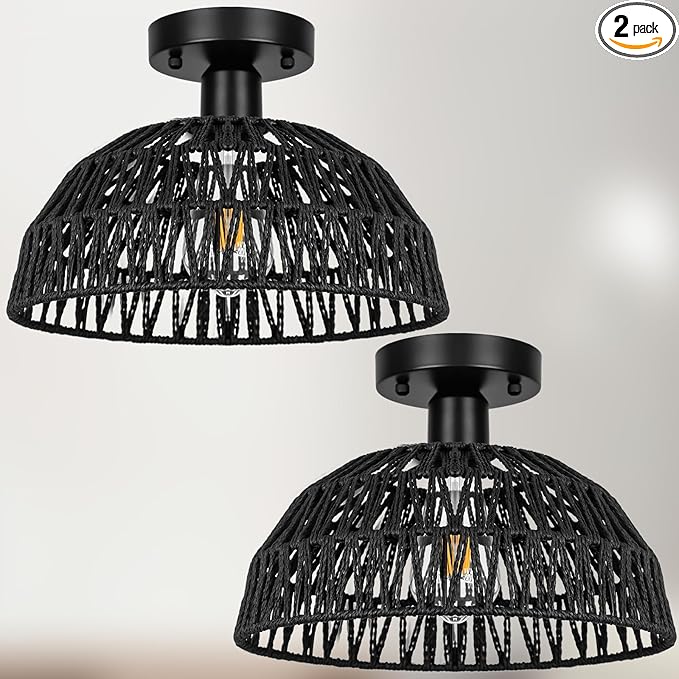 Rattan Ceiling Light Fixtures 2 Packs-Black Rustic Woven Basket Flush Mount Ceiling Light, Handmade Wicker Ceiling Lamp, Rattan Chandelier For Kitchen Island, Hallway, Living Room, Bedroom, E26 Base