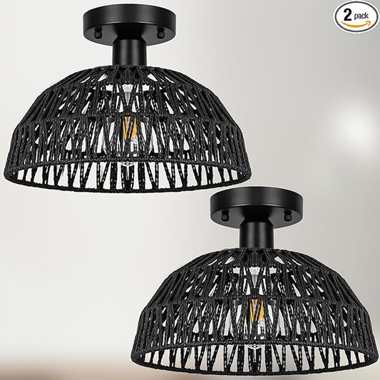Rattan Ceiling Light Fixtures 2 Packs-Black Rustic Woven Basket Flush Mount Ceiling Light, Handmade Wicker Ceiling Lamp, Rattan Chandelier For Kitchen Island, Hallway, Living Room, Bedroom, E26 Base