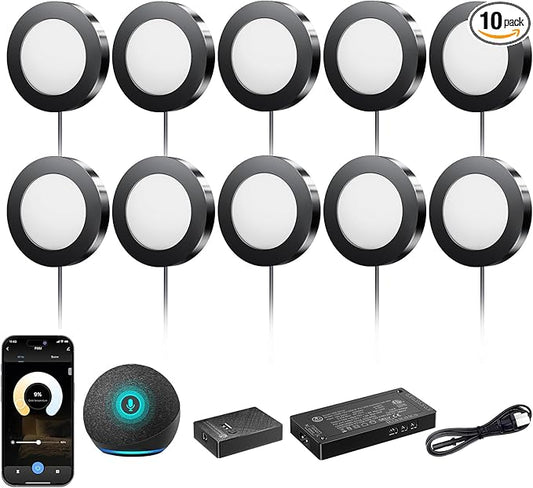 VST Smart Under Cabinet Lighting Work with Alexa Google Home Assistant App Remote Control, Recessed or Surface Mount 12V 2W/pc Puck Light for Kitchen Under Counter, Display Case, 10 Pack 3000K~6000K