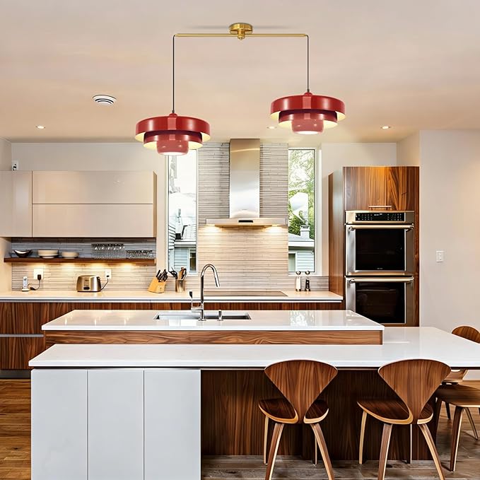 Industrial Red Pendant Light, 2-Light Vintage Chandelier, Mid Century Modern Ceiling Light Adjustable Hanging Lights for Kitchen Island, Bar, Dining Room