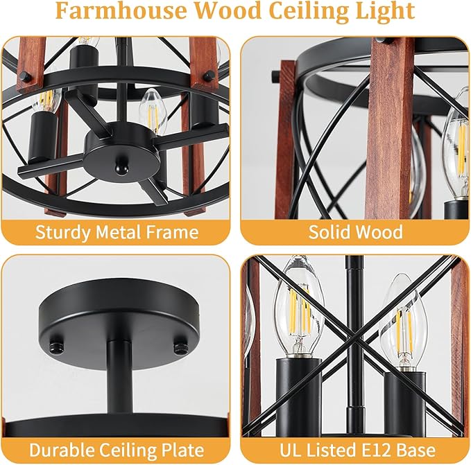 4-Light Rustic Farmhouse Semi Flush Mount Ceiling Light, Modern Entryway Hallway Light Fixtures Oak Wood Drum Kitchen Lights Black Close to Ceiling Light for Kitchen Bedroom Dining Room Foyer Lighting