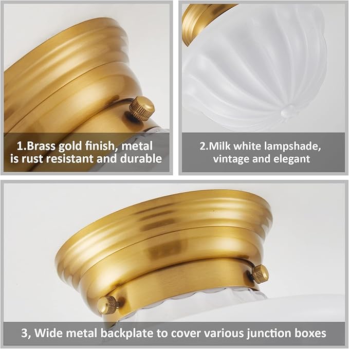 youngrender Schoolhouse Light Fixture Gold, 9" Modern Mid Century Semi Flush Mount Ceiling Light with Opal Milk Glass Shade for Bedroom, Kitchen, Dining Room, Bathroom, Hallway, Stairway, Entryway