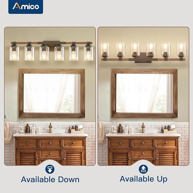 Amico Farmhouse Bathroom Vanity Light Fixtures,Rustic 6-Light Industrial Painted Wood Lights,Vintage Black Wall Sconces Bathroom Vanity Lighting with Bubble Glass Shade
