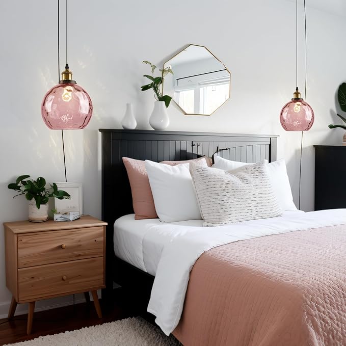 Pink Hanging Light Plug in 2 Pack, Hammered Glass Globe Hanging Ceiling Lamp Plug in, Mid Century Modern Pendant Lighting with Cord for Kitchen Island Sink Dining Room Girls Bedroom