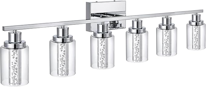 MELUCEE 6-Light LED Bathroom Vanity Light 5 Color Dimmable, Modern Chrome Vanity Lights Bathroom Light Bar Wall Sconce Lamp with Crystal Bubble Clear Glass Shade, Built-in LED Chips