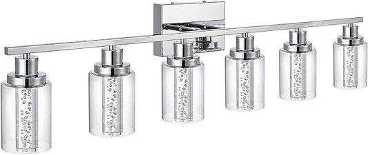MELUCEE 6-Light LED Bathroom Vanity Light 5 Color Dimmable, Modern Chrome Vanity Lights Bathroom Light Bar Wall Sconce Lamp with Crystal Bubble Clear Glass Shade, Built-in LED Chips